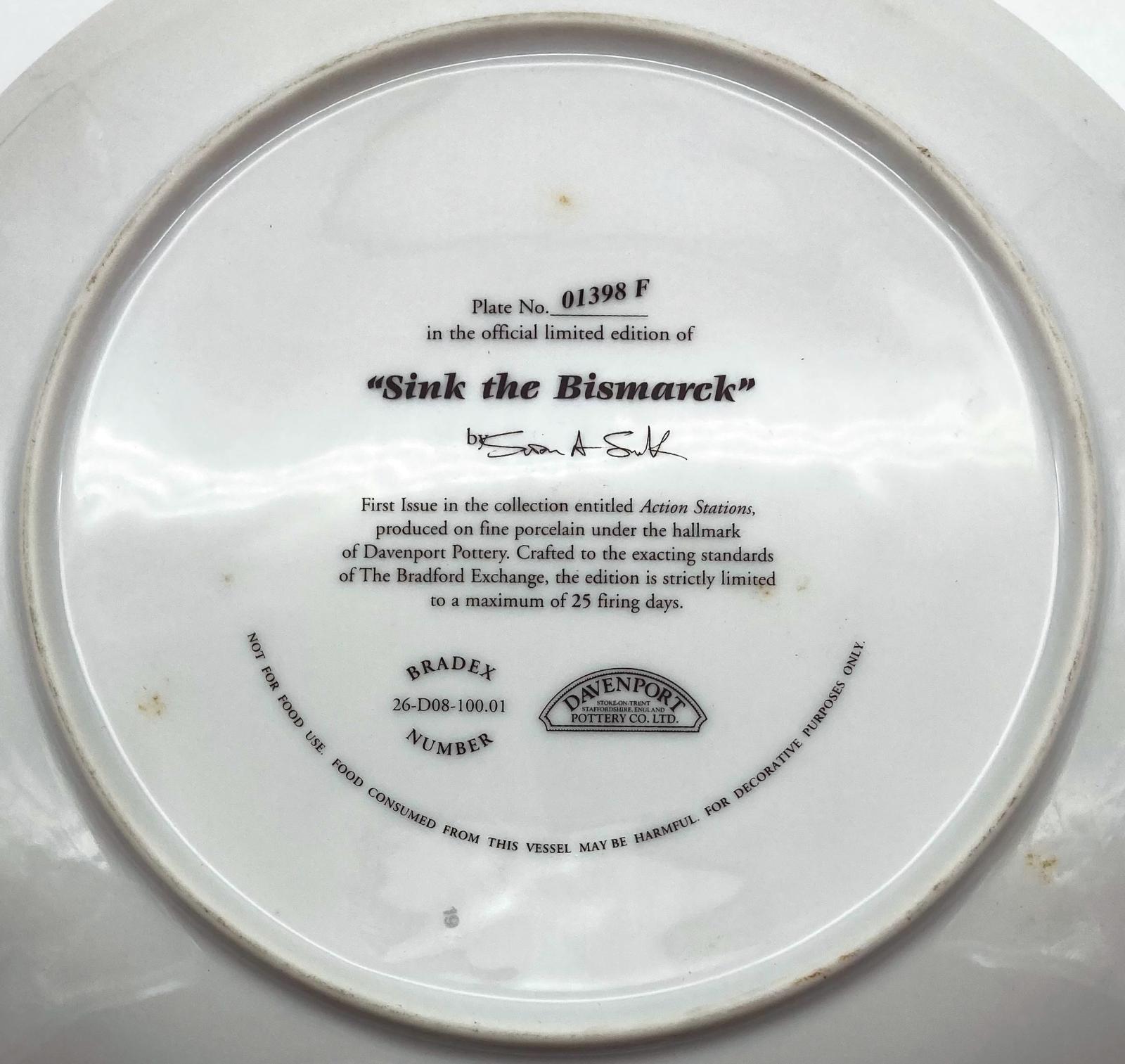 Close up of reverse of Davenport 'Sink the Bismarck' collector plate
