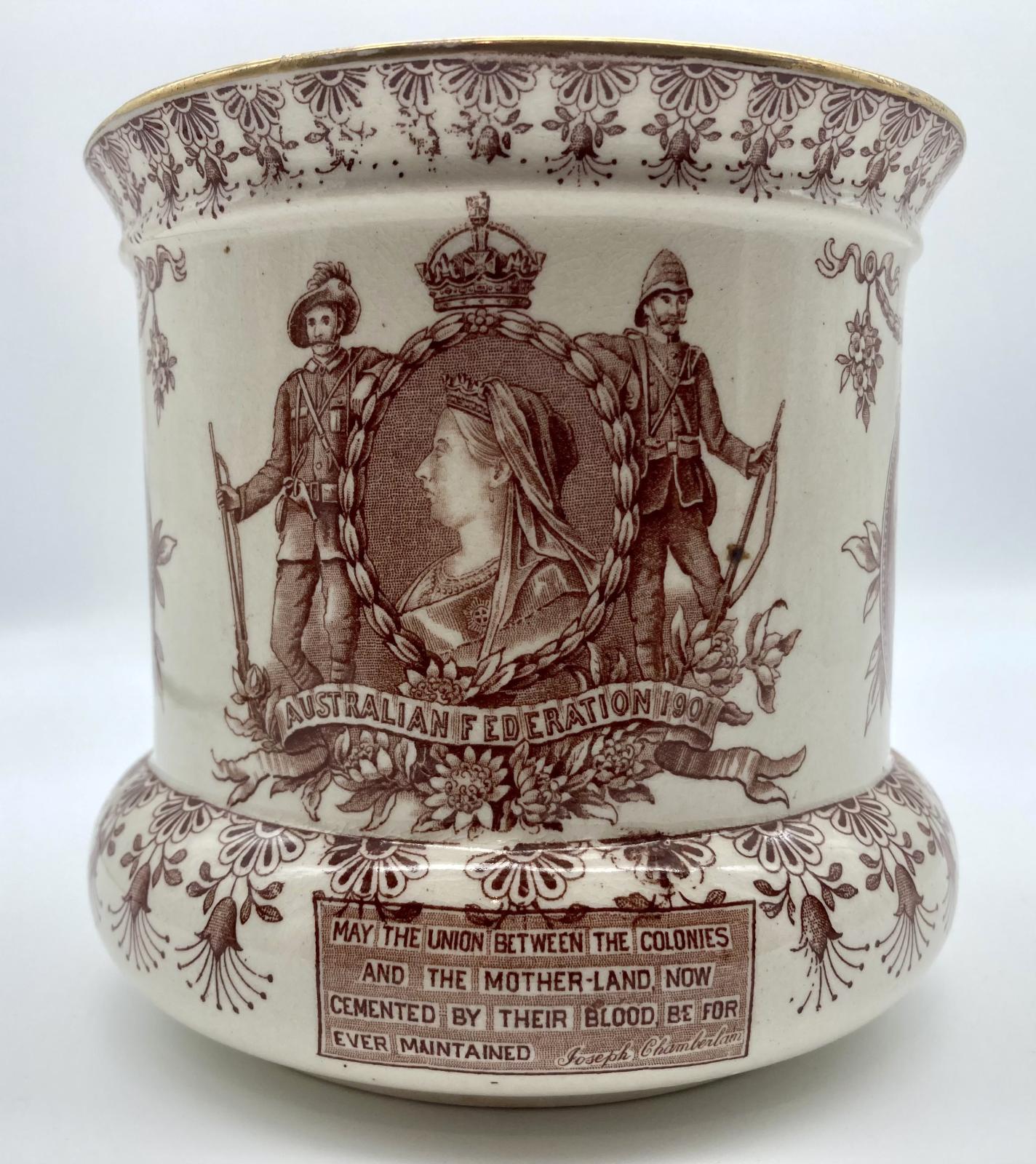 Close up of Federation jardinière showing Queen Victoria and inscription