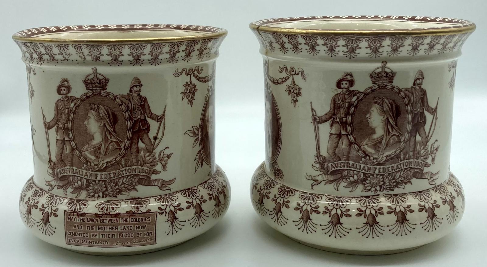 Pair of Federation jardinières showing inscription and reverse