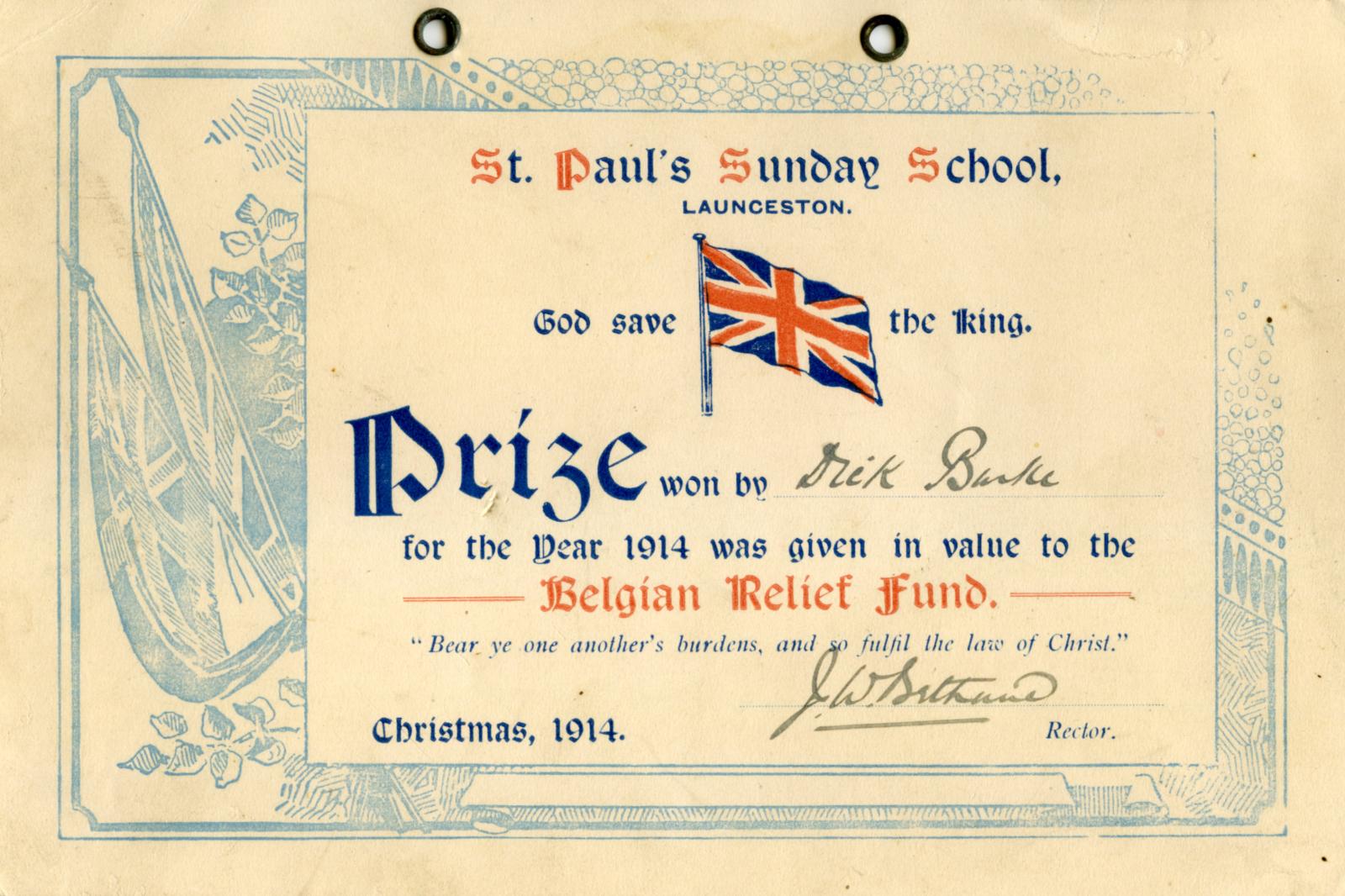 St. Paul's Sunday School Launceston certificate awarded to Dick Burke