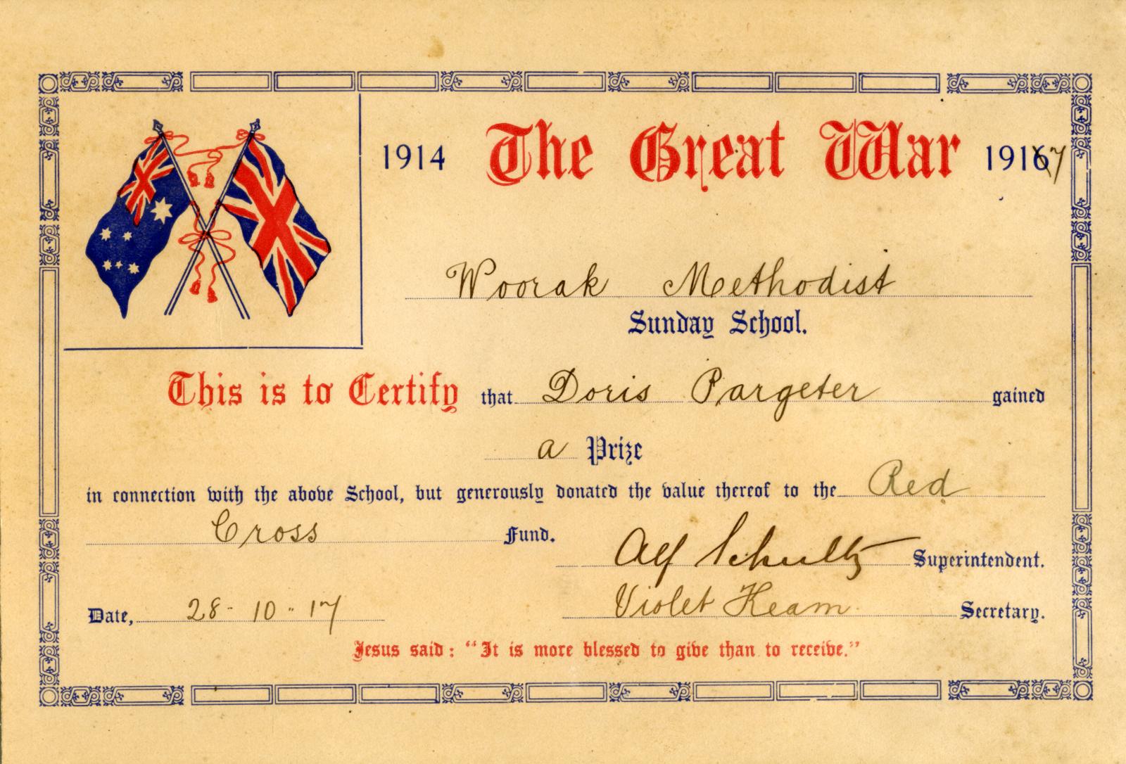 Woorak Methodist Sunday School certificate awarded to Doris Pargeter