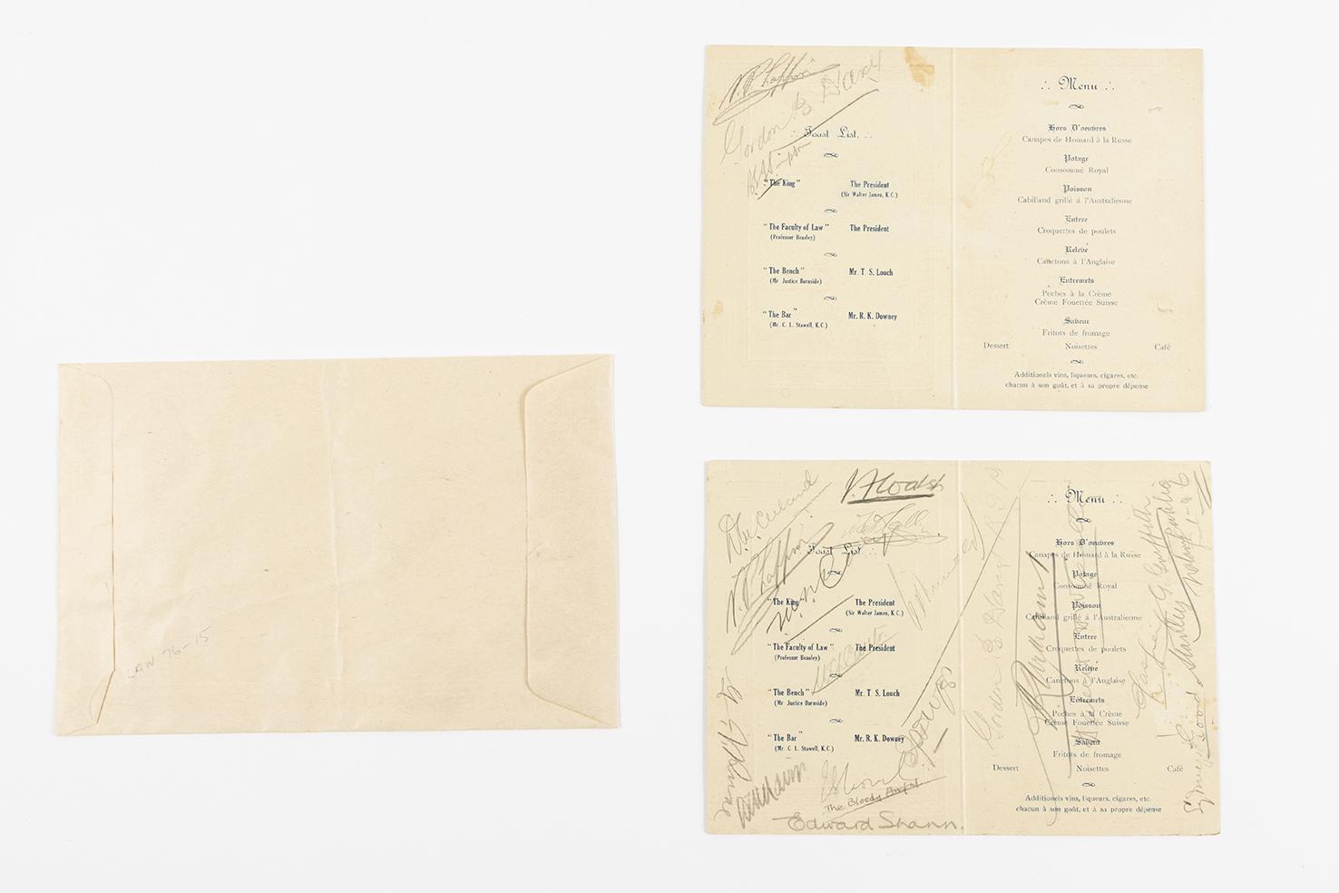 Two copies of menu with envelope, FR Beasley dinner, 1925