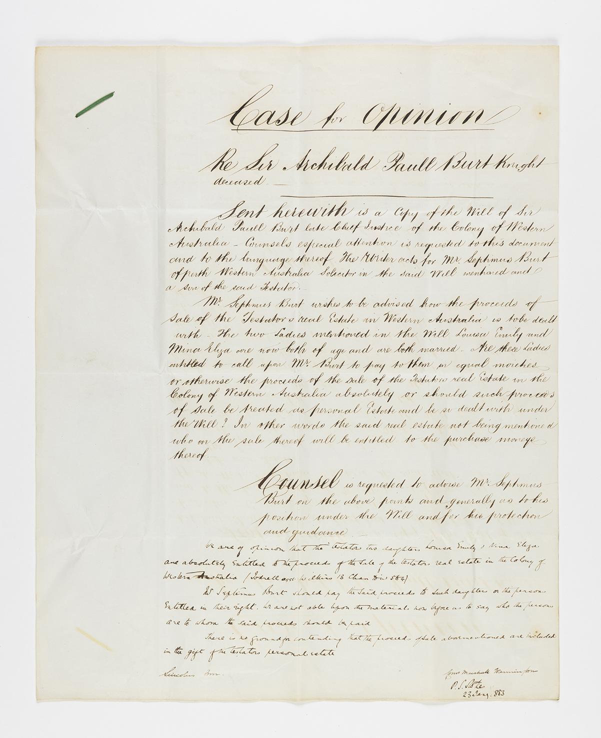 Request seeking the opinion of CM Warmington QC on Sir AP Burt's 1873 Will.