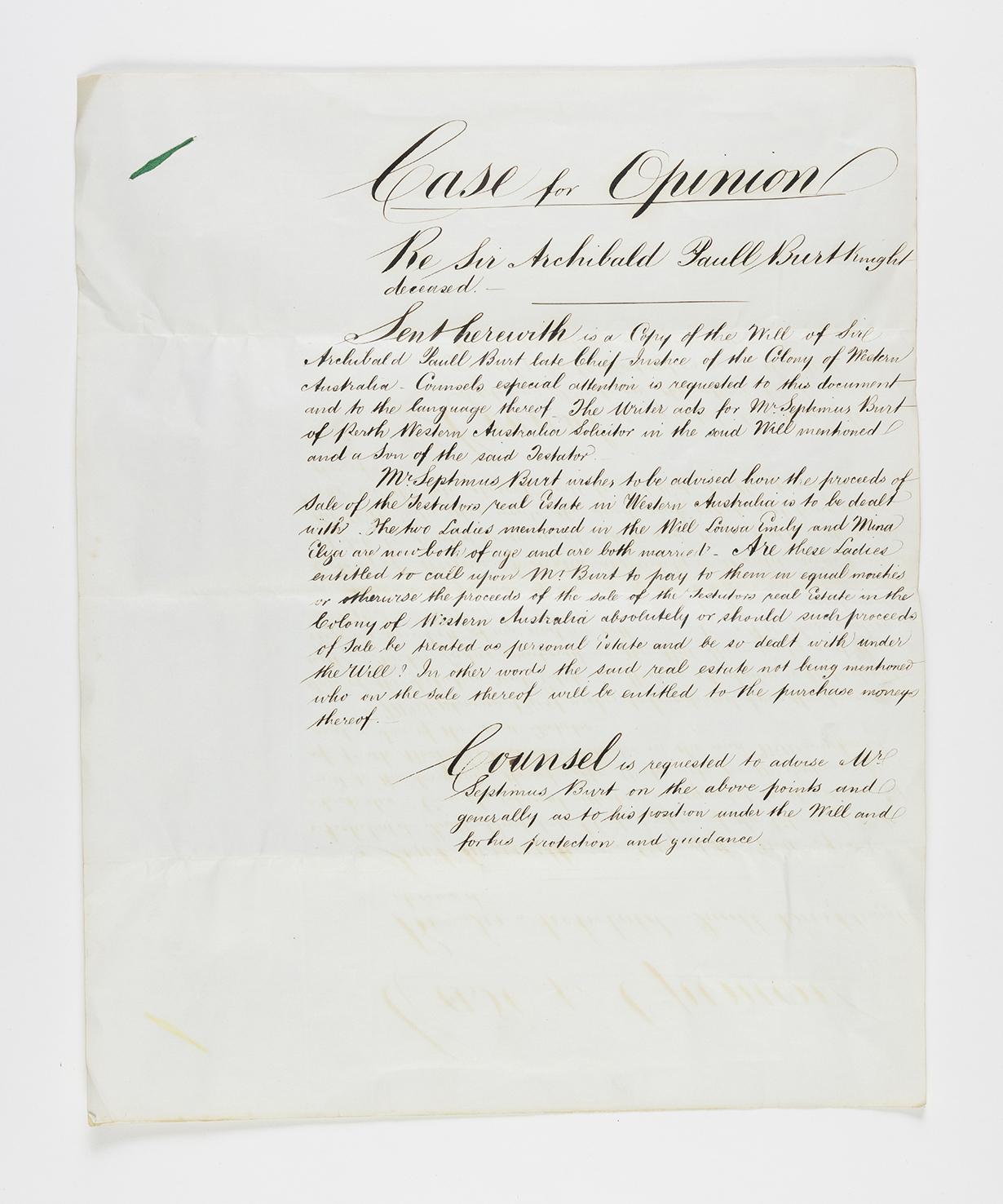 Request seeking the opinion of PS Stokes on Sir AP Burt's 1873 Will.