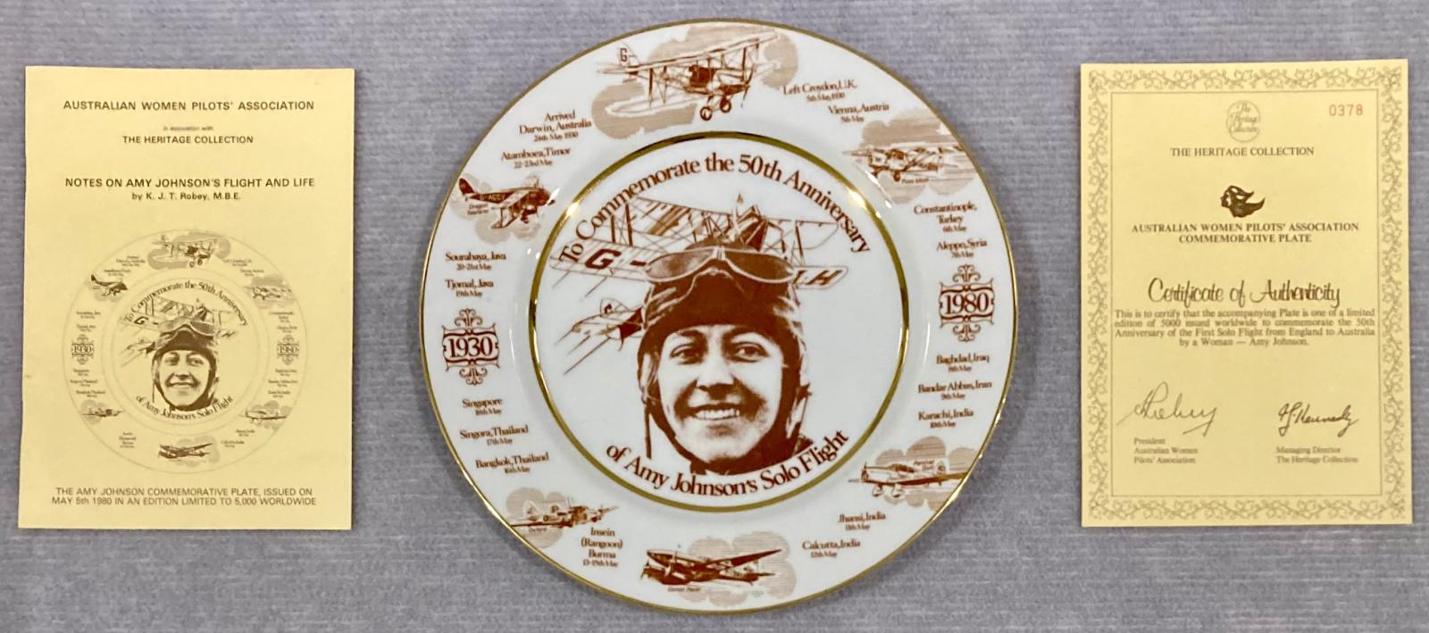 Amy Johnson anniversary plate, information booklet and certificate