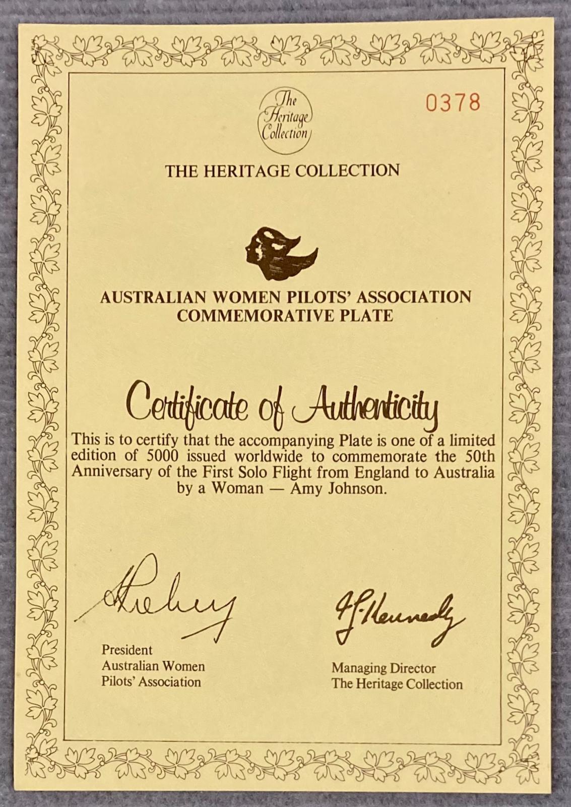 Certificate of Authenticity for Amy Johnson anniversary plate
