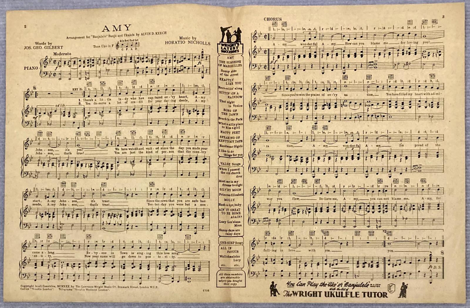 Centre pages of sheet music for the song 'Amy'