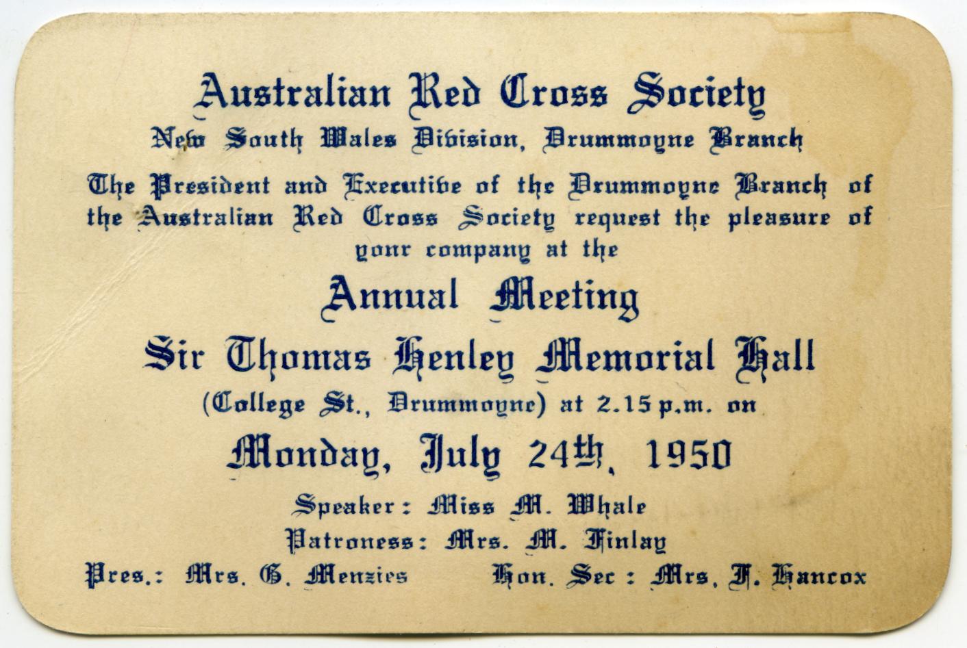 ARCS (NSW Division Drummoyne Branch) Invitation to Annual Meeting 1950