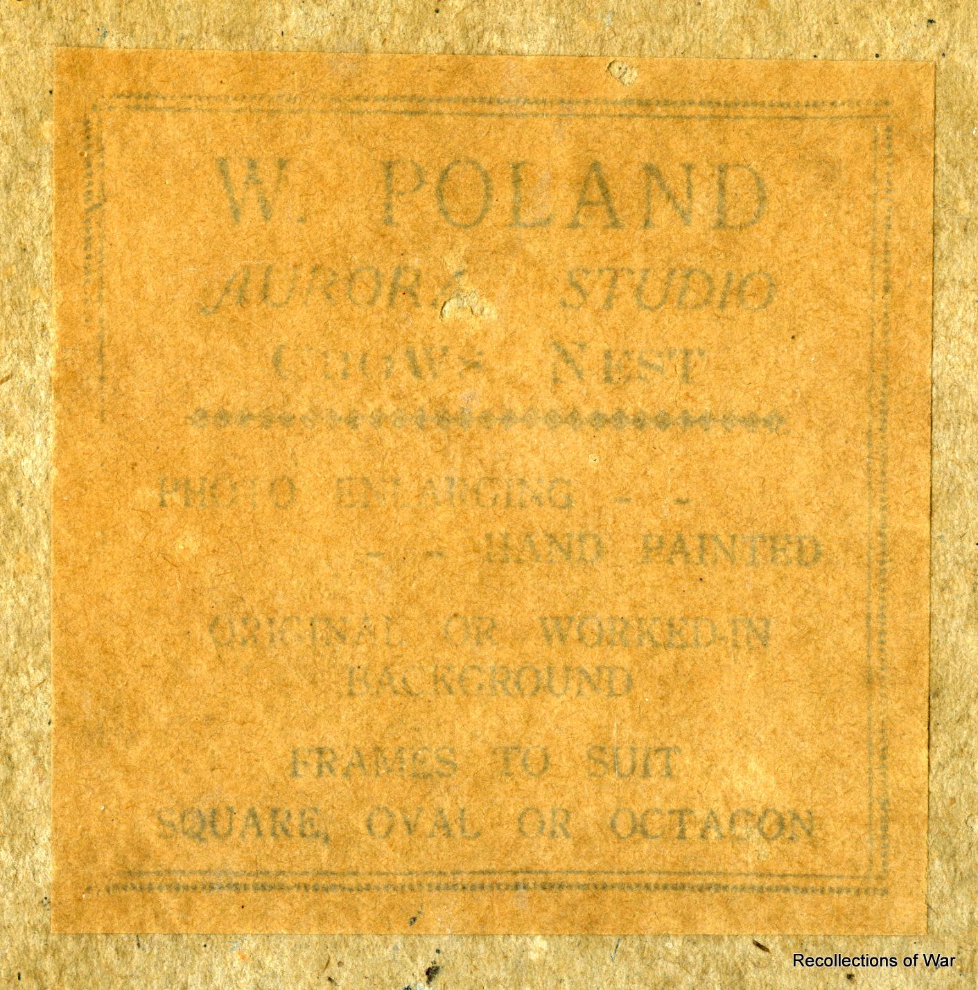 Close up of photographic studio label on reverse of photograph