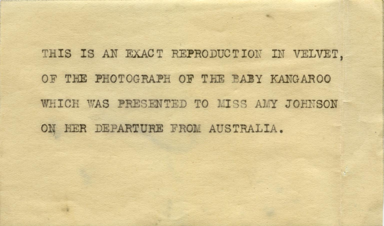 Paper insert from 1930 Christmas card with velvet kangaroo - Amy Johnson