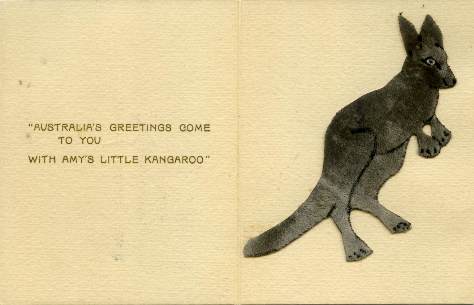 Centre of 1930 Christmas card with velvet kangaroo - Amy Johnson