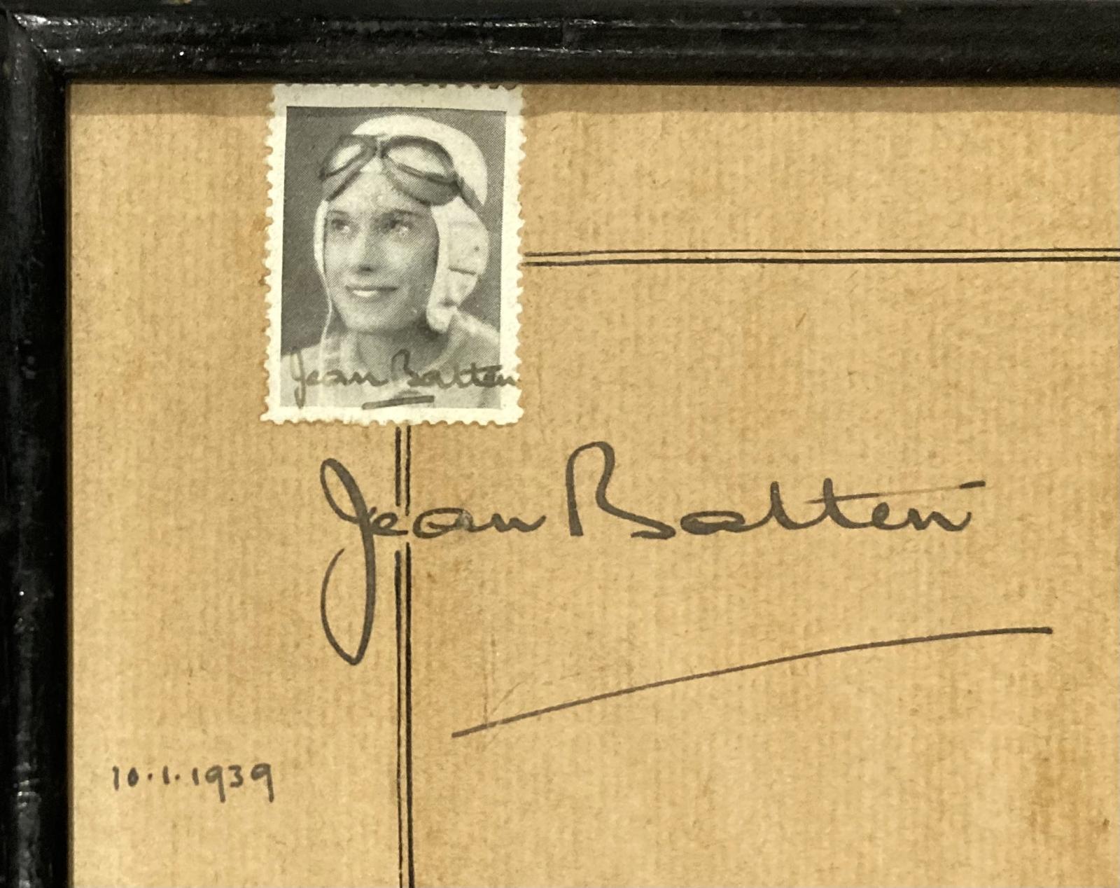 Close up of framed autograph of aviatrix Jean Batten