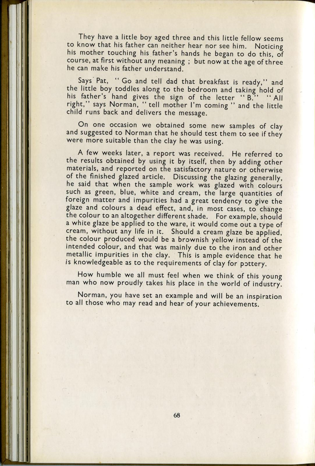 Last page of chapter about blind potter, Norman Wilkinson