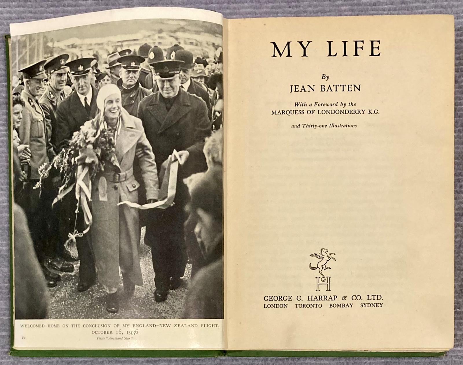 Title page of autobiography of aviatrix Jean Batten entitled 'My Life'