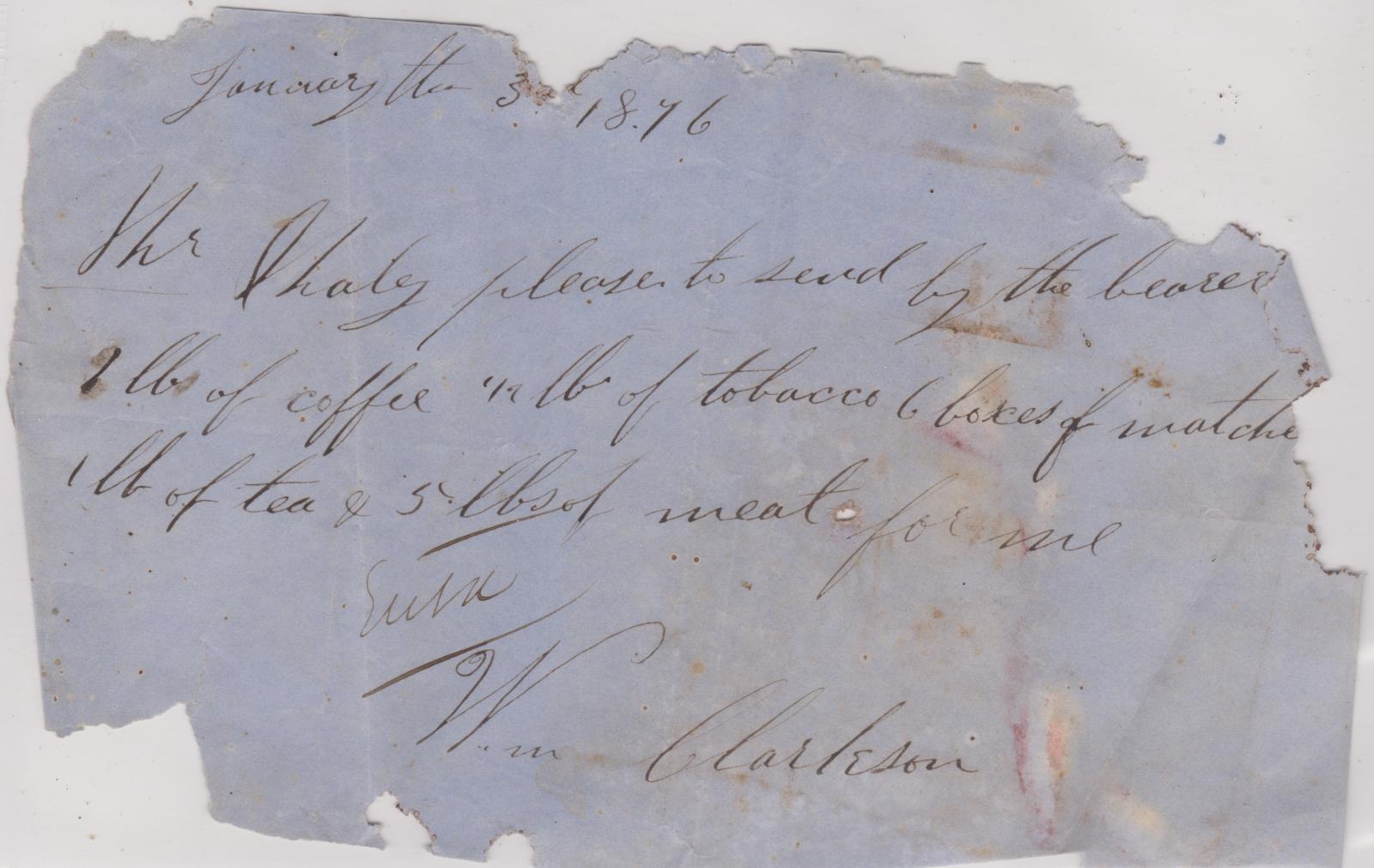 Store order from William Clarkson