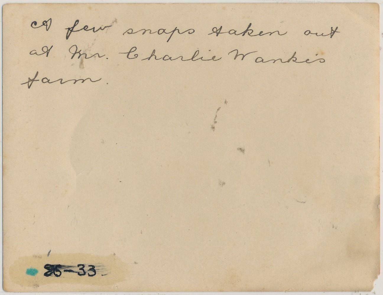 Back of photograph of Family sitting in Hay at Charlie Wanke's Farm