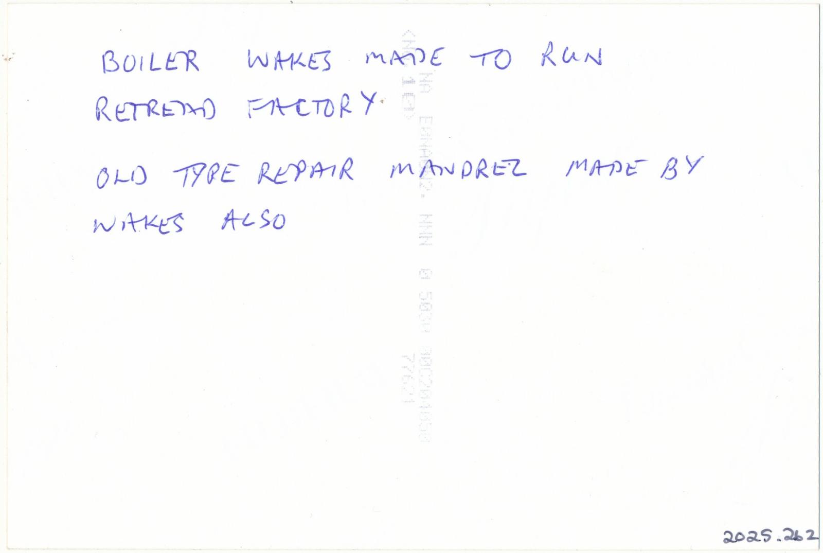Back of photograph of Boiler from Wakes Garage