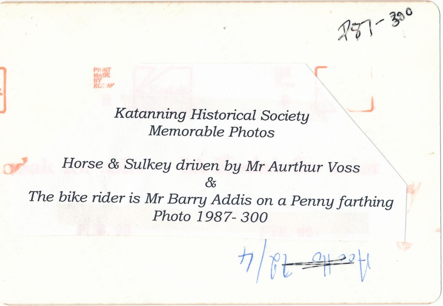 Back of photograph of Horse & Sulky and Penny Farthing Bike