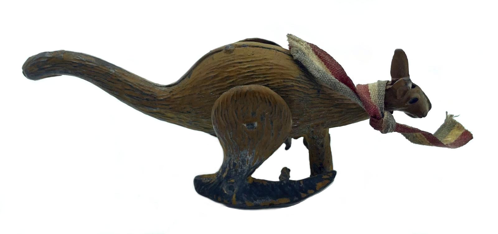 Side view of hopping metal kangaroo