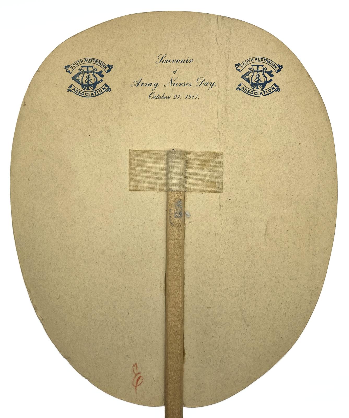 Close up of reverse of South Australian Army Nurses' Day souvenir fan 1917