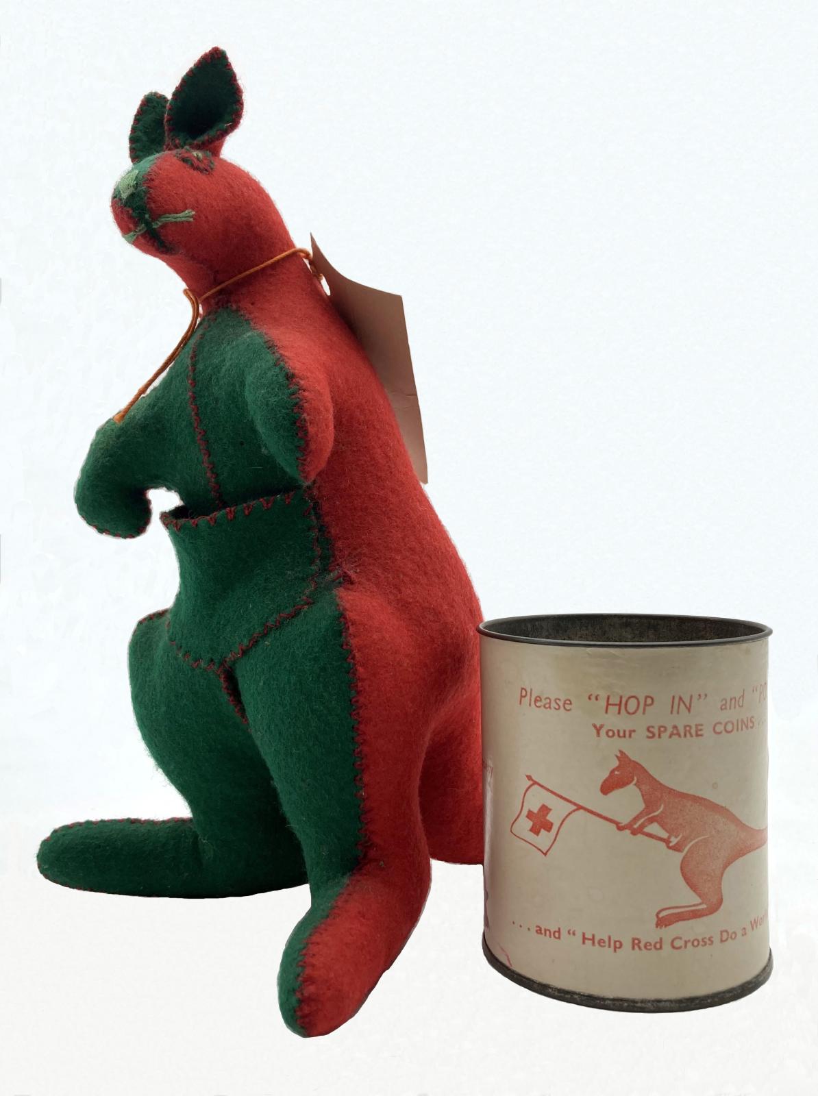 Red Cross felt kangaroo 1963 with collection tin