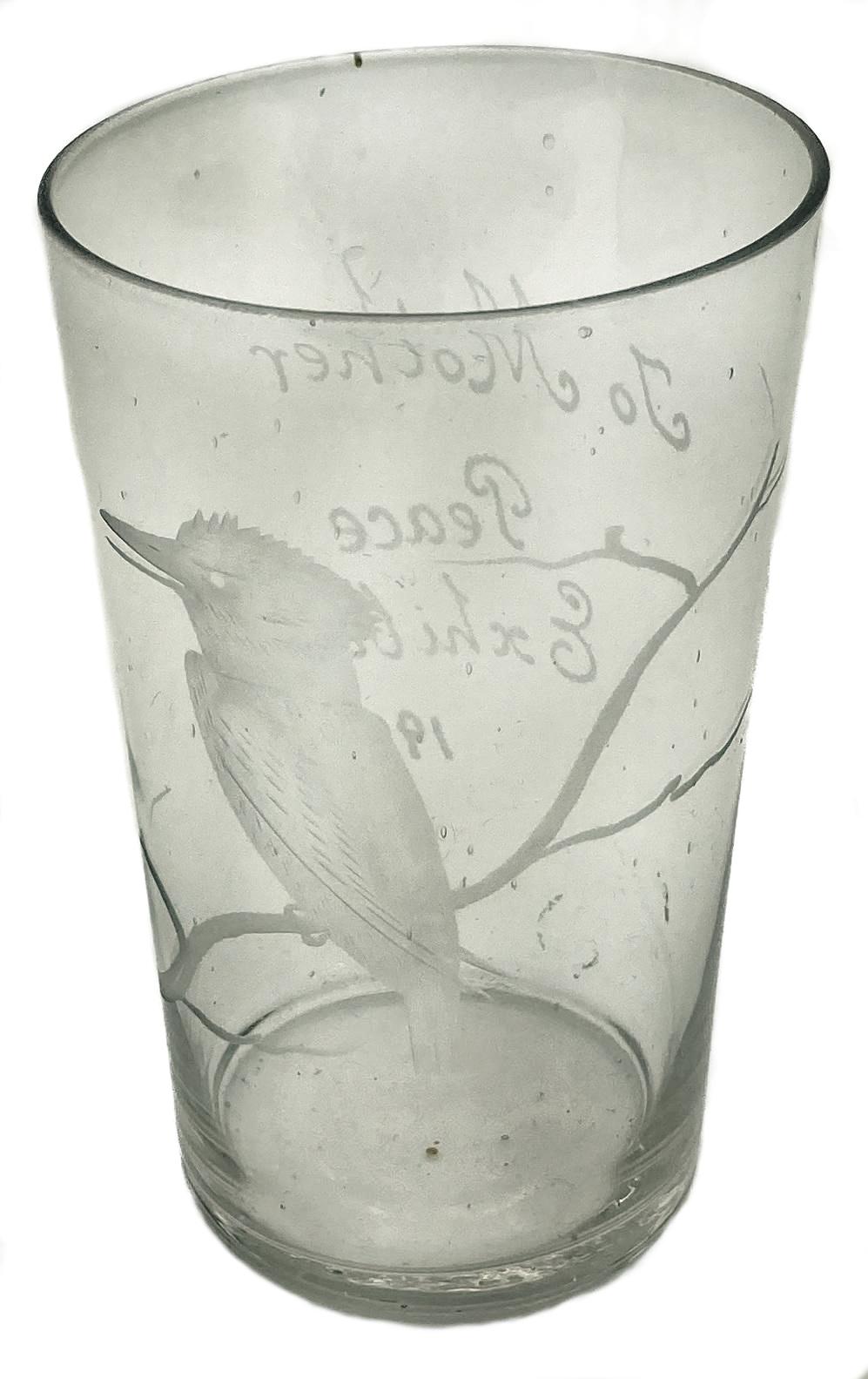 Souvenir glass from the Adelaide Peace Exhibition, 1920 - kookaburra on branch