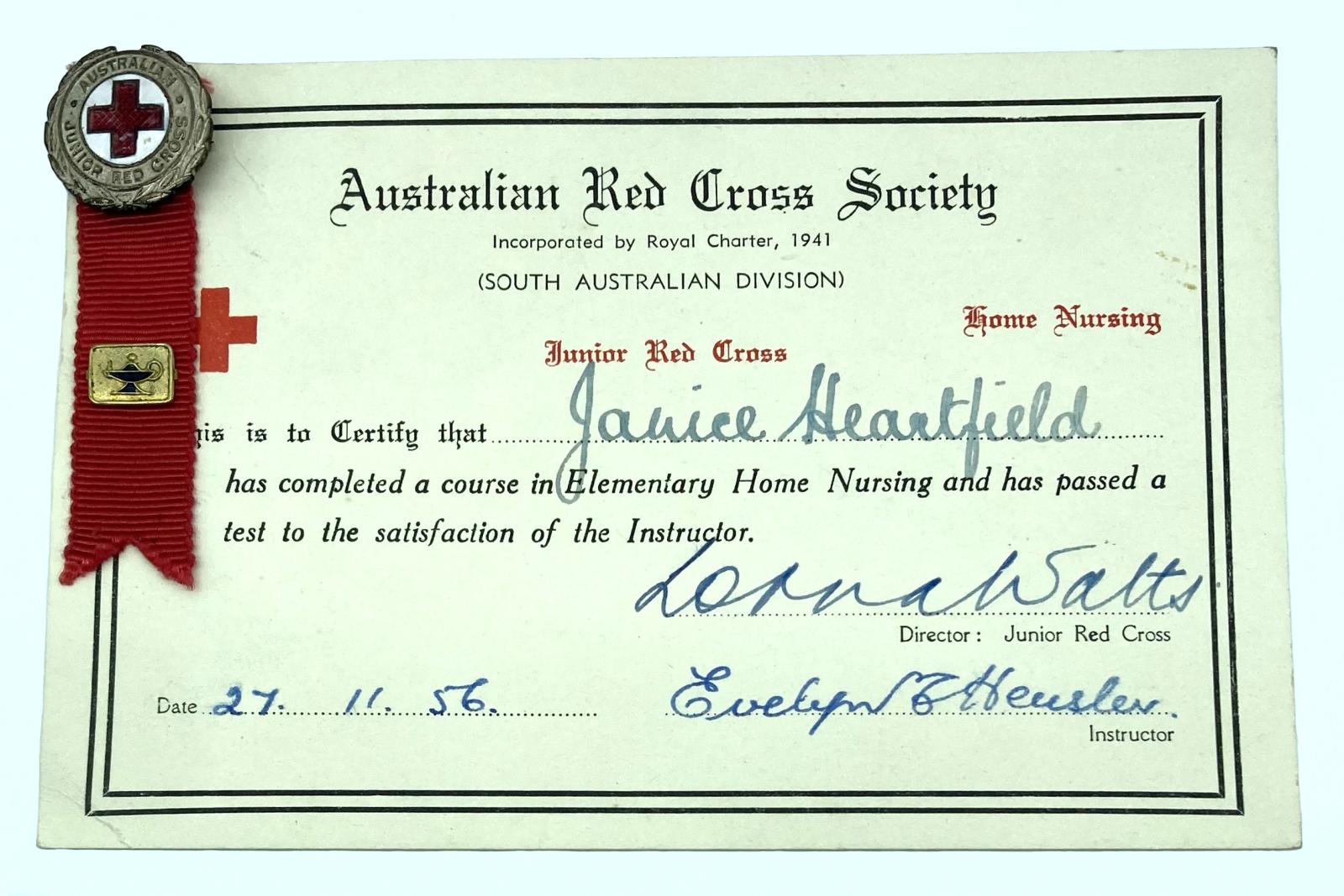 Australian Junior Red Cross certificate and badge awarded to Janice Heartfield