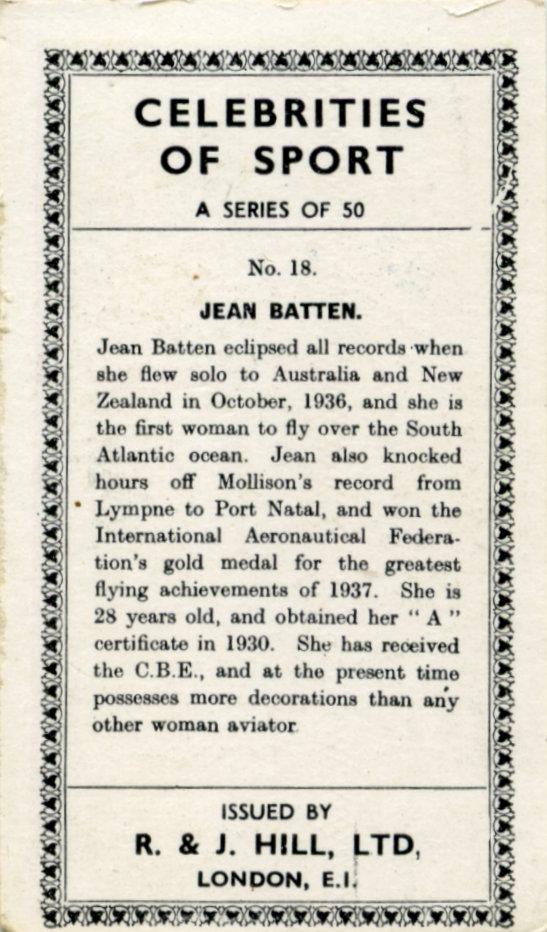 Reverse of R. & J. Hill, Ltd. collector card featuring aviatrix Jean Batten