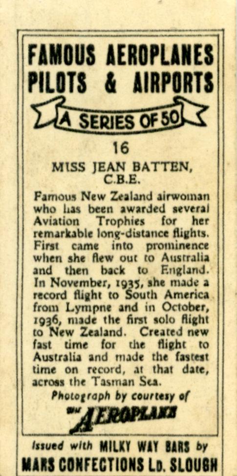Reverse of Milky Way Bars collector card featuring aviatrix Jean Batten