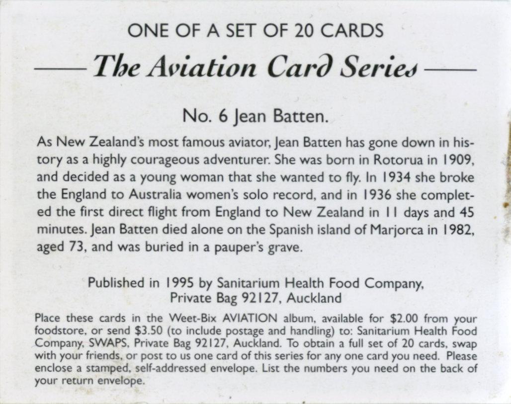 Reverse of Sanitarium collector card featuring aviatrix Jean Batten