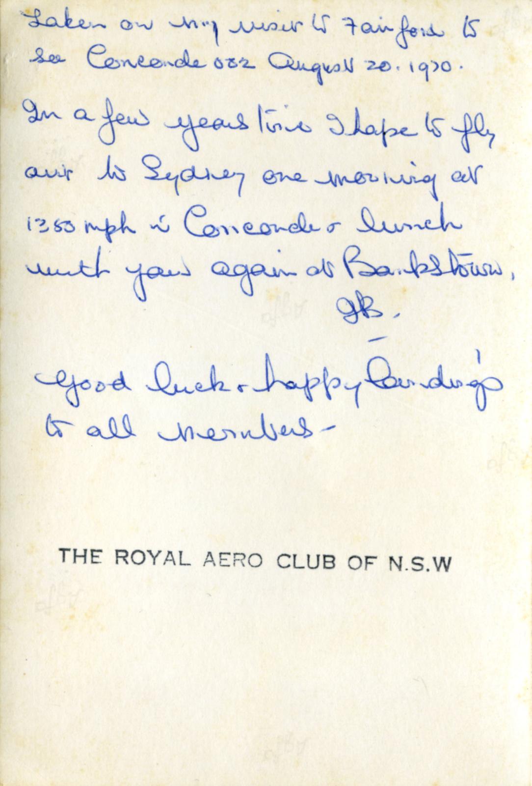 Reverse of photograph of Jean Batten taken at R.A.F. Fairfield, August 1970