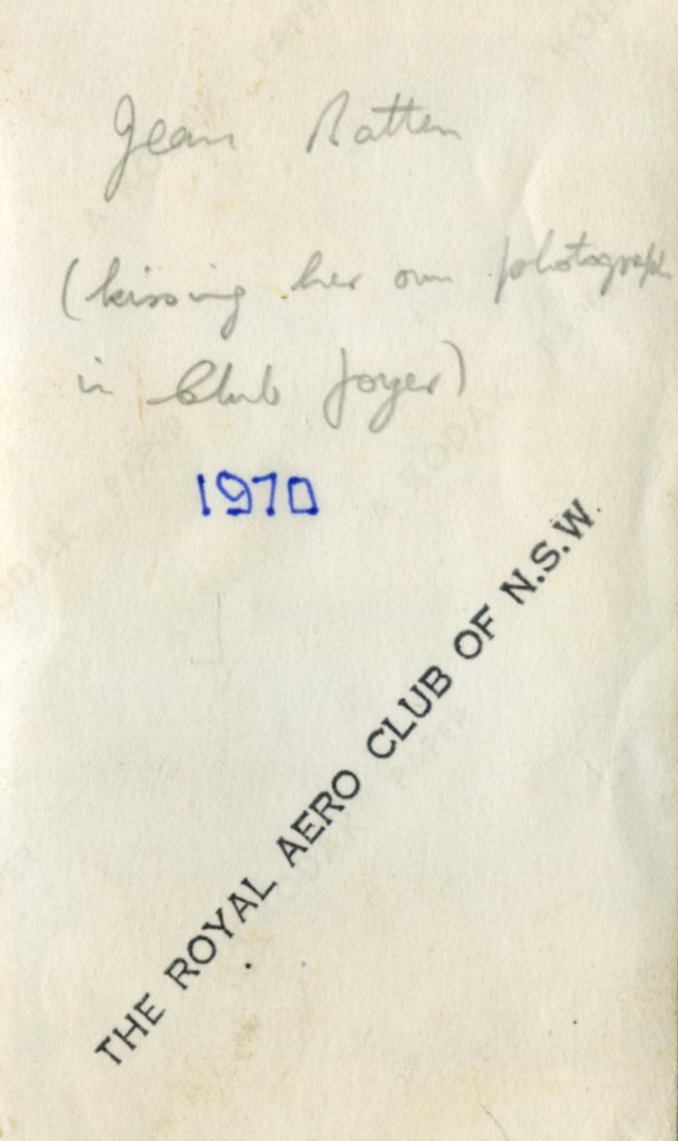 Reverse of photograph of Jean Batten in the Royal Aero Club of N.S.W.