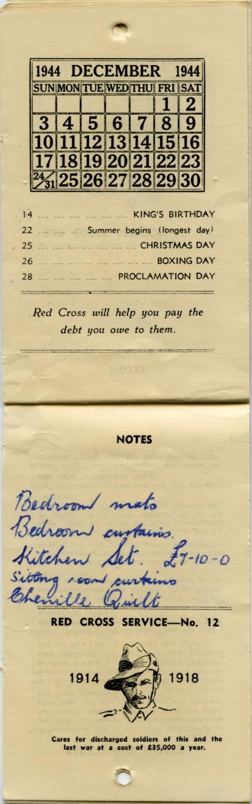 Australian Red Cross Society Hand Book and Diary 1944 - December