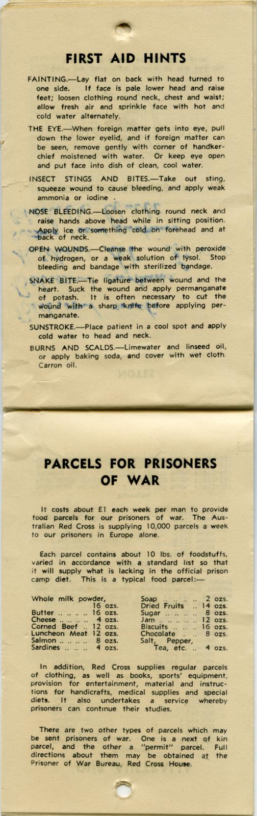 First Aid Hints and Parcels for Prisoners of War notes