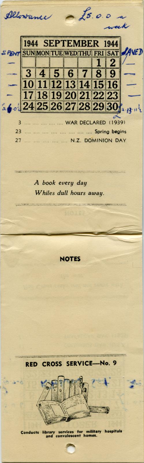 Australian Red Cross Society Hand Book and Diary 1944 - September
