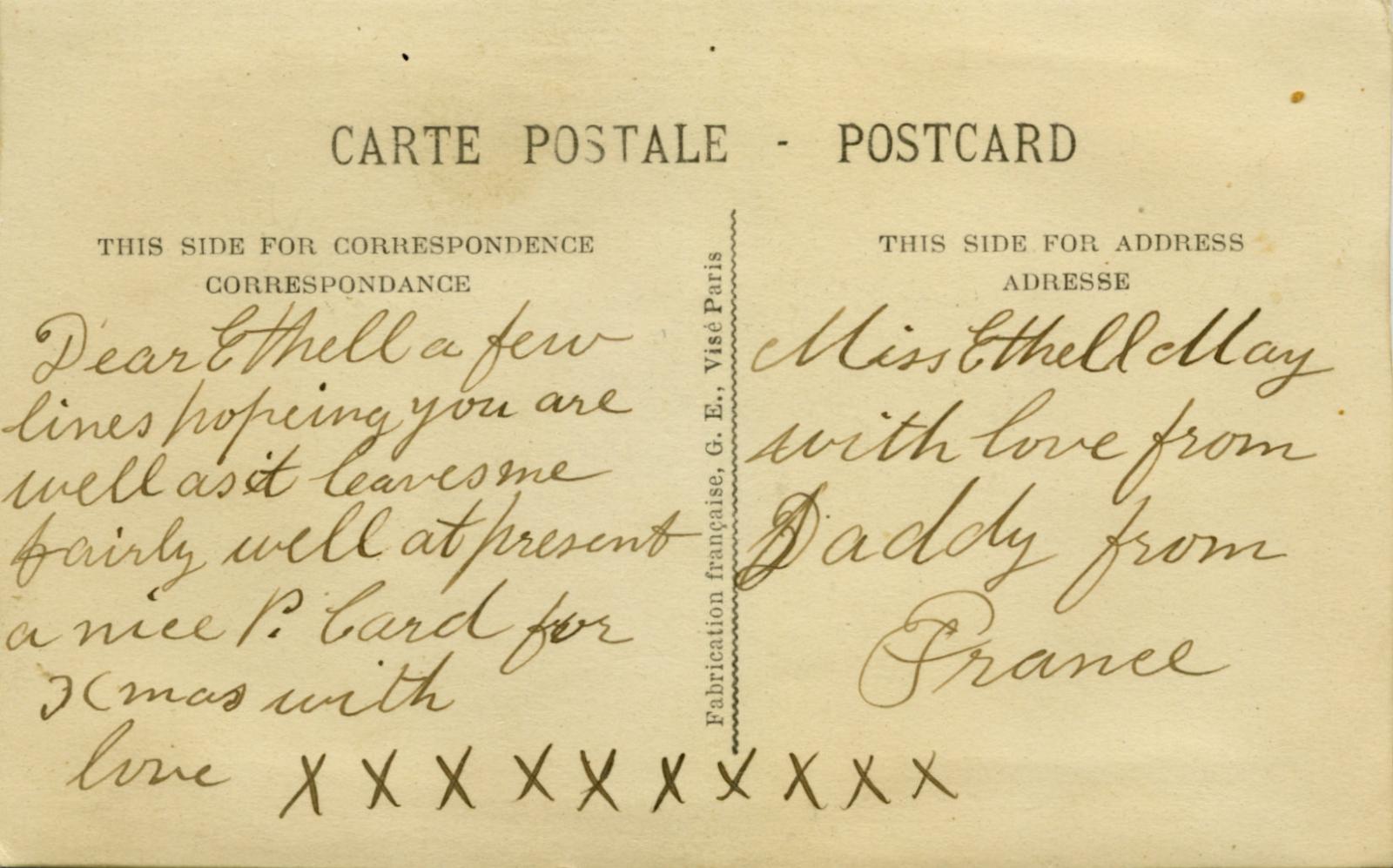 Reverse of WWI silk postcard sent to Ethell May from Daddy