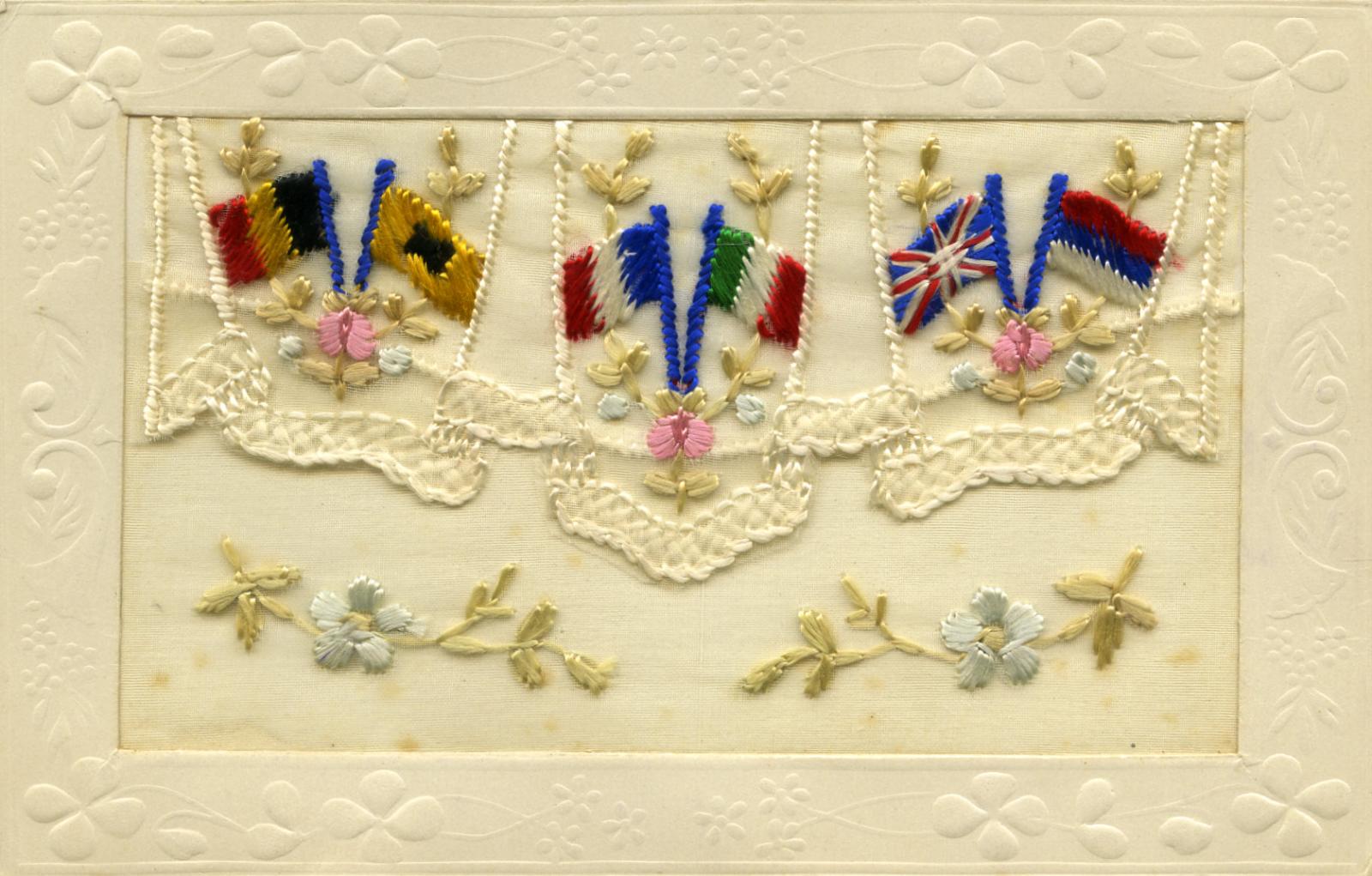 WWI silk postcard with flags of the Allies