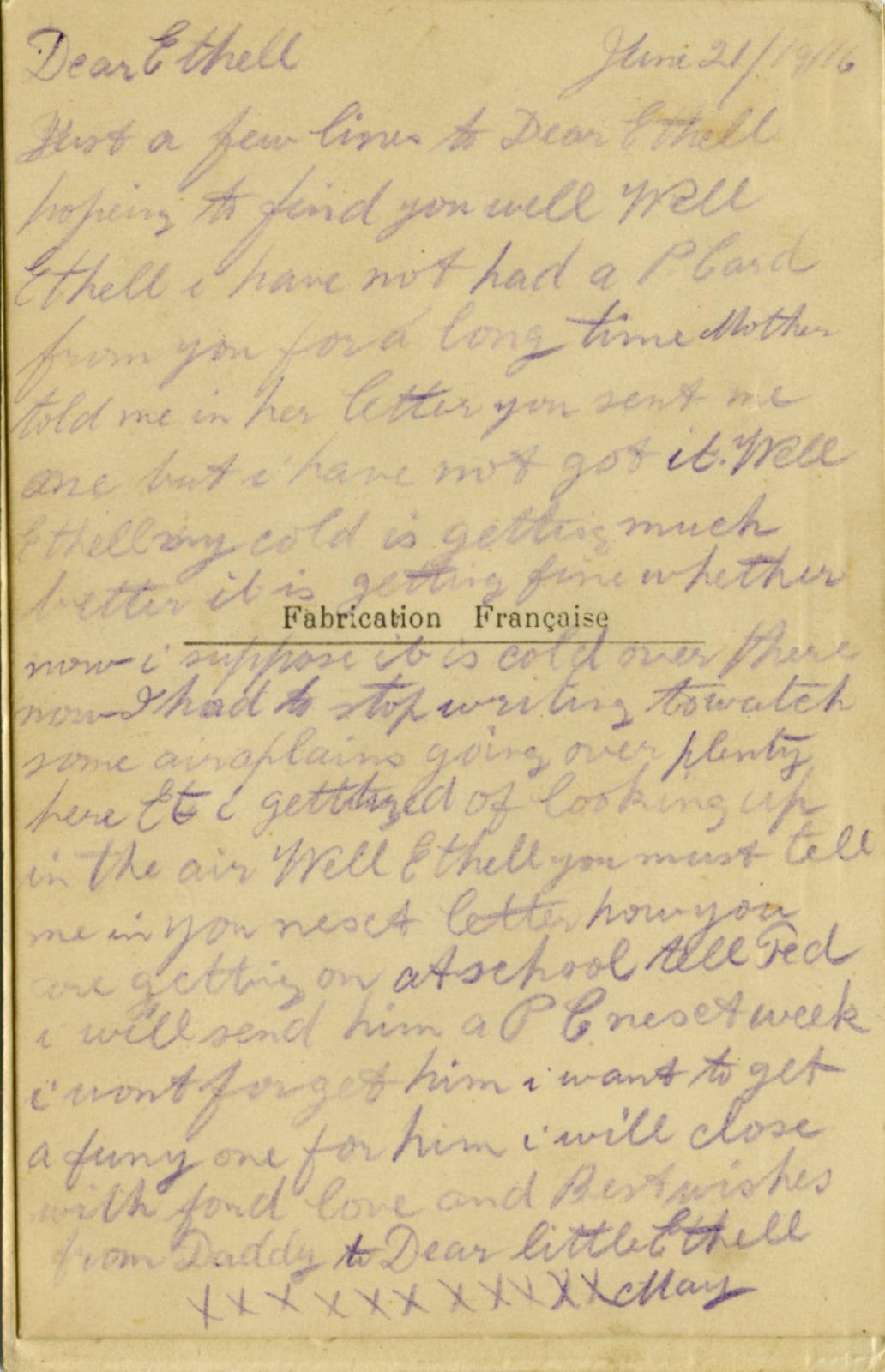 Reverse of WWI silk postcard sent to Ethell May from Daddy June 21 1916