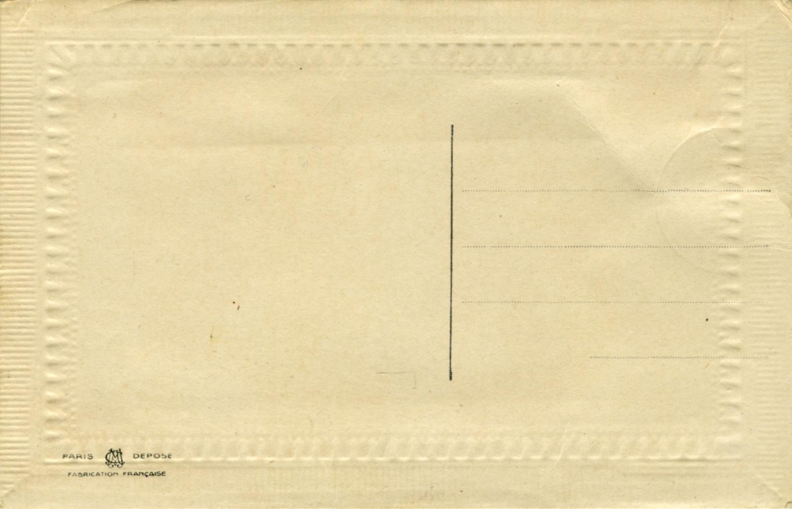 Reverse of WWI silk postcard with flags and flowers