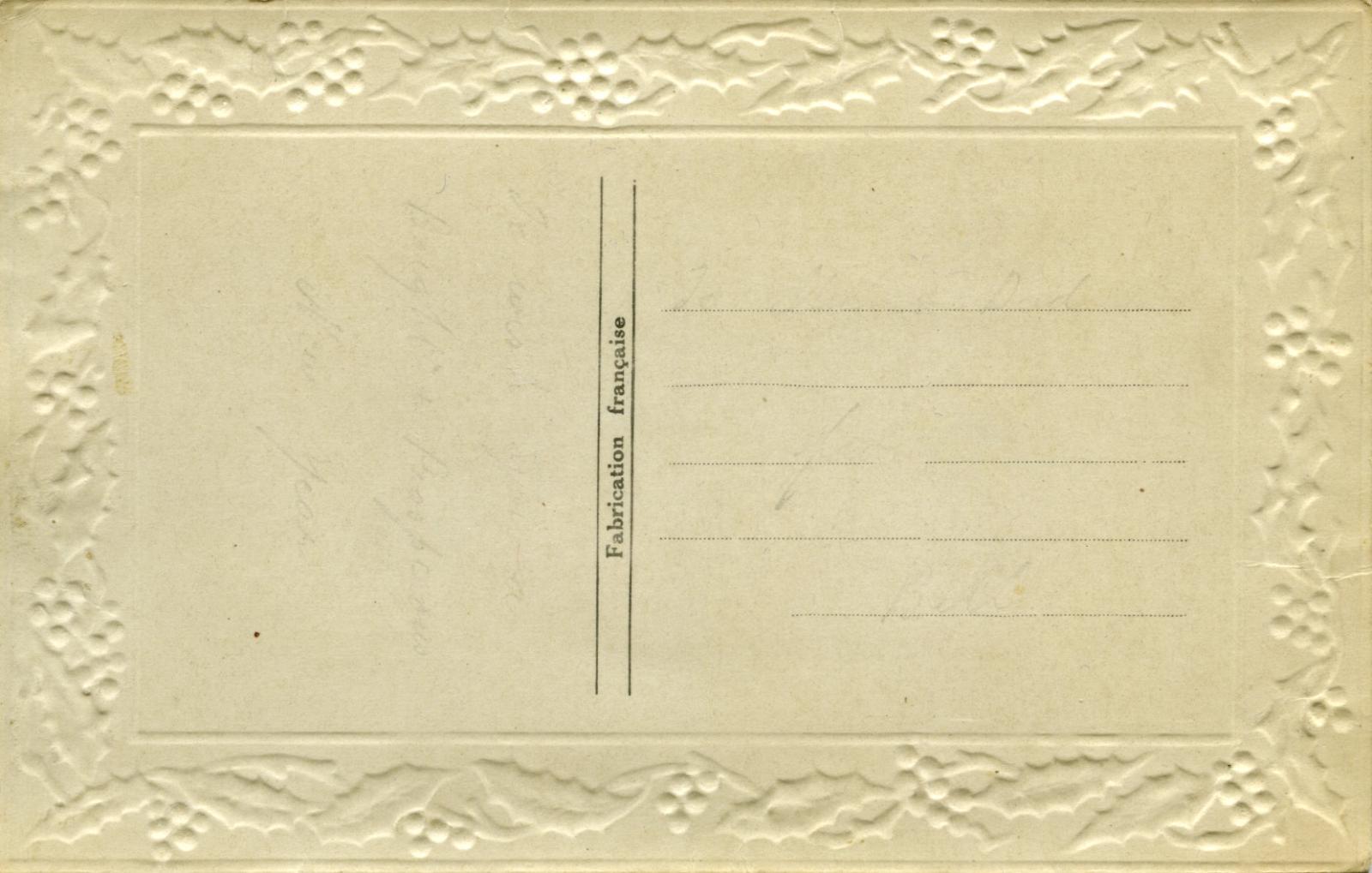 Reverse of WWI silk postcard with French flags and flowers