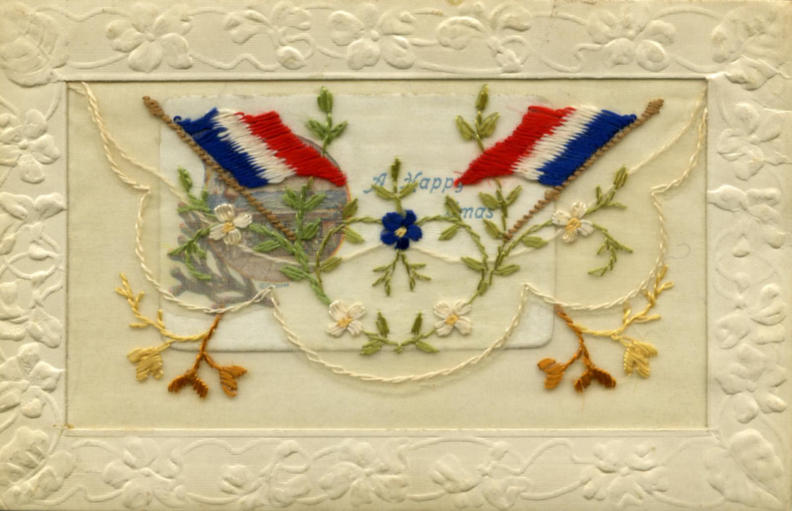 WWI silk postcard with French flags and flowers