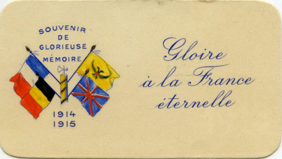 Small card insert from WWI silk postcard with French shield and flags