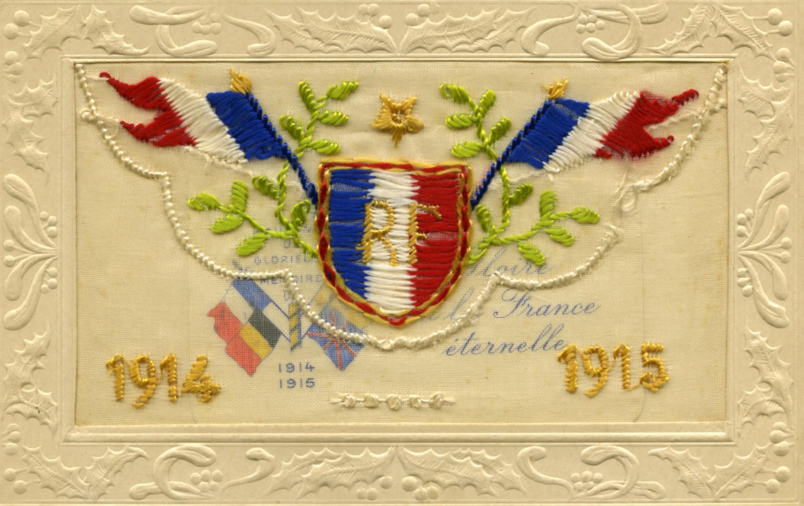 WWI silk postcard with French shield and flags