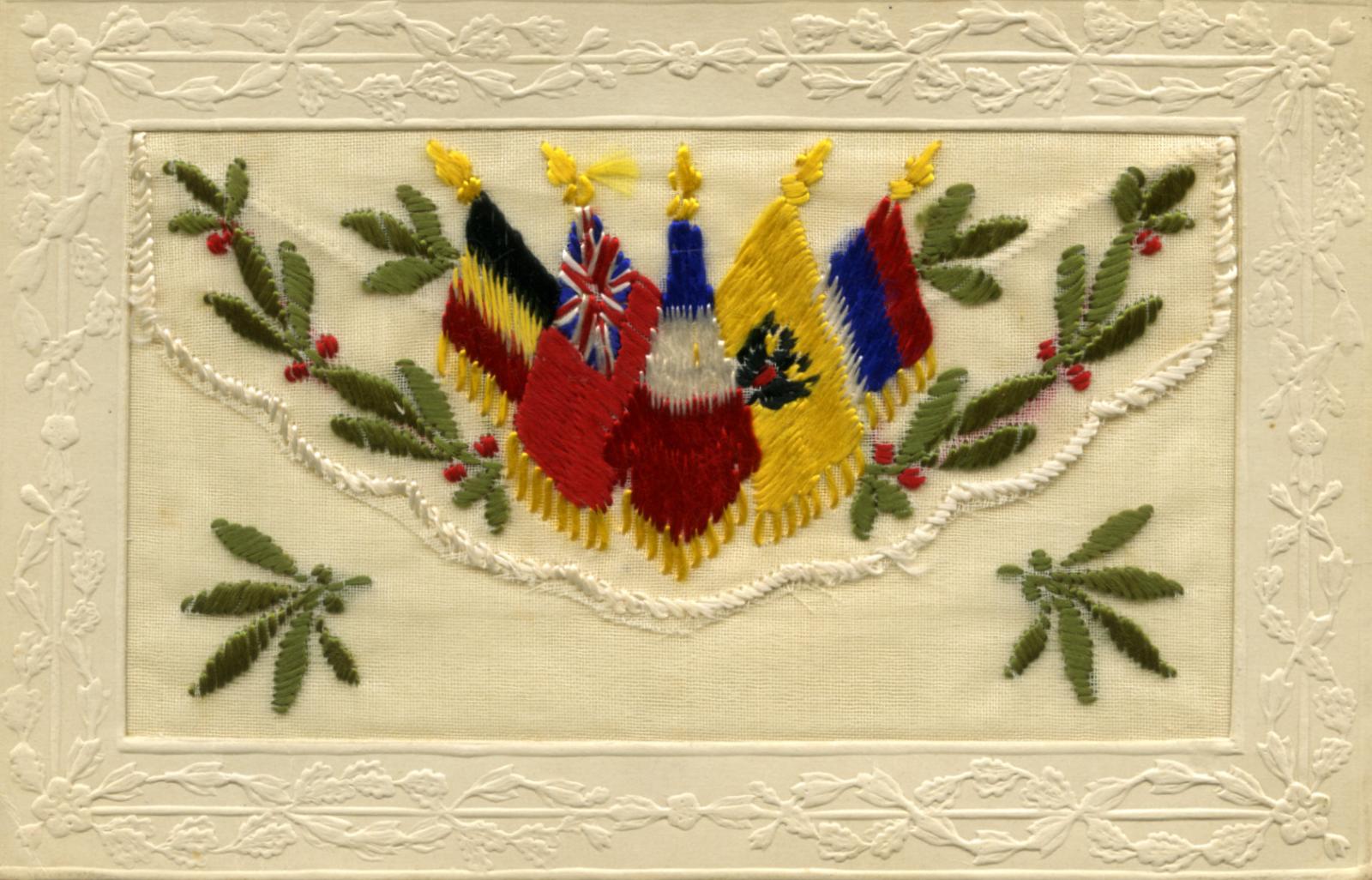 WWI silk postcard with allied flags sent by George