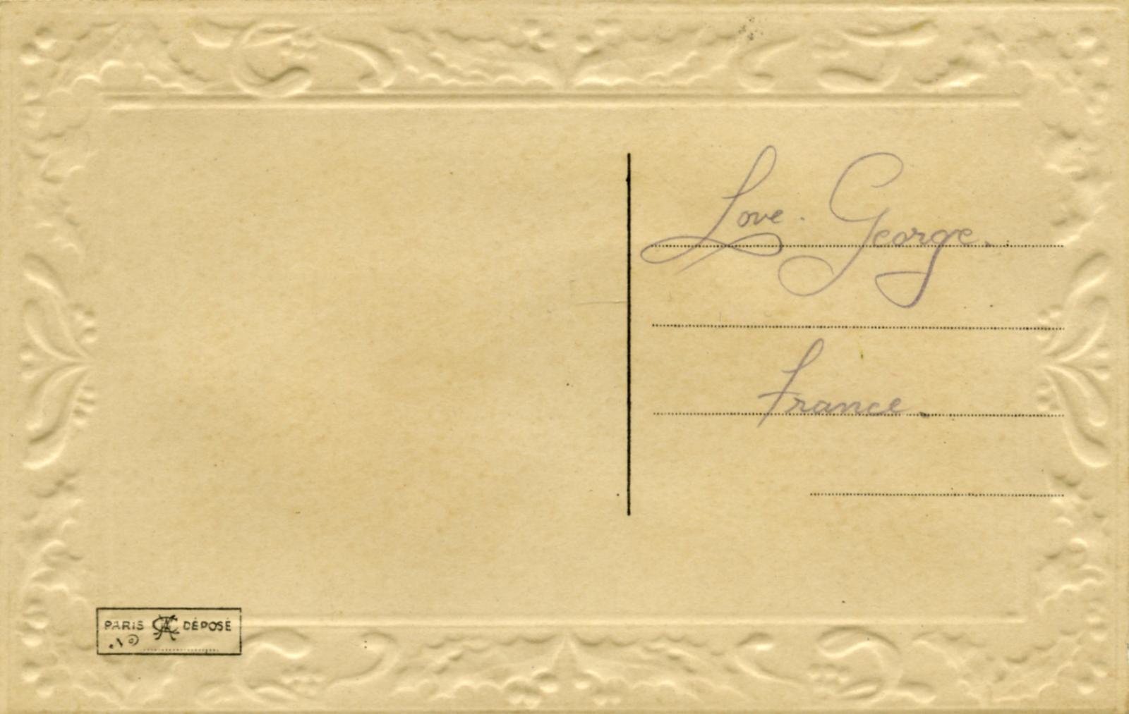 Reverse of WWI silk postcard sent from France by George