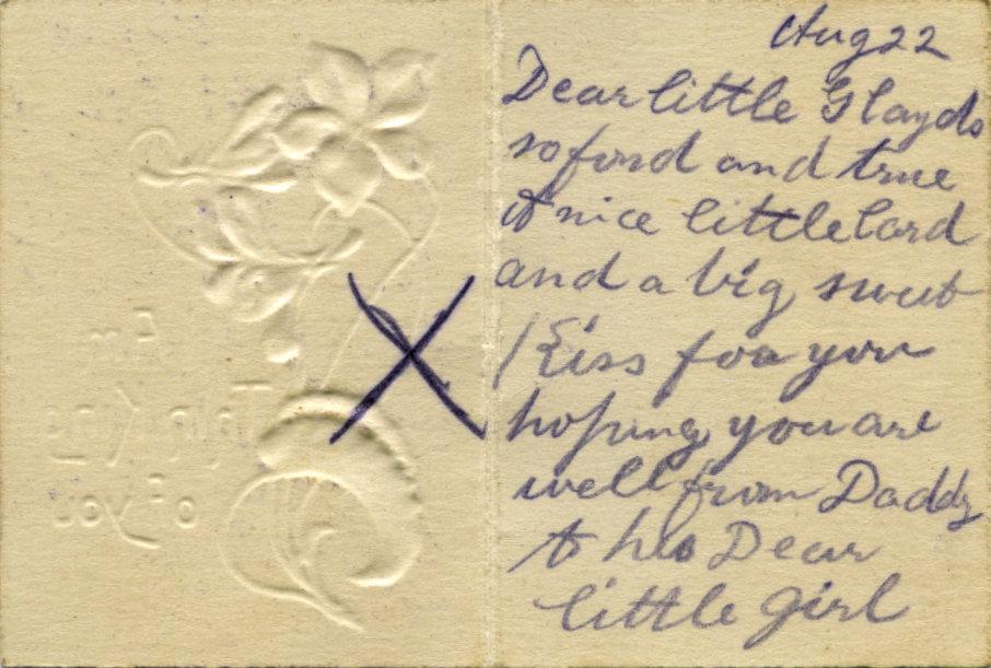 Centre of small card insert from WWI silk postcard sent to Irene Glayds from Daddy