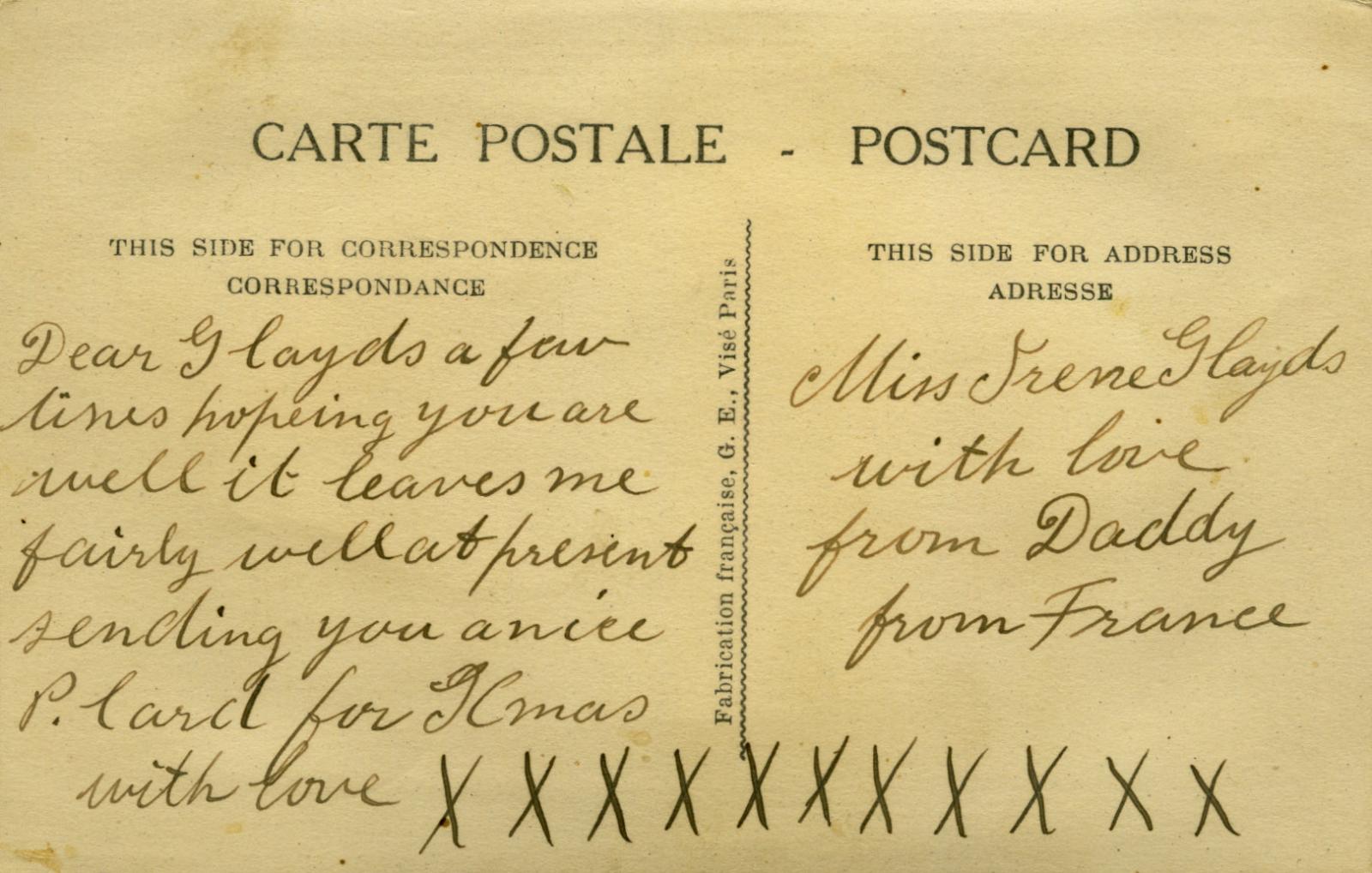 Reverse of WWI silk postcard sent to Irene Glayds from Daddy
