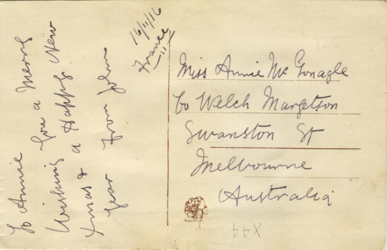 Reverse of WWI silk postcard sent to Annie from John 16 November 1916