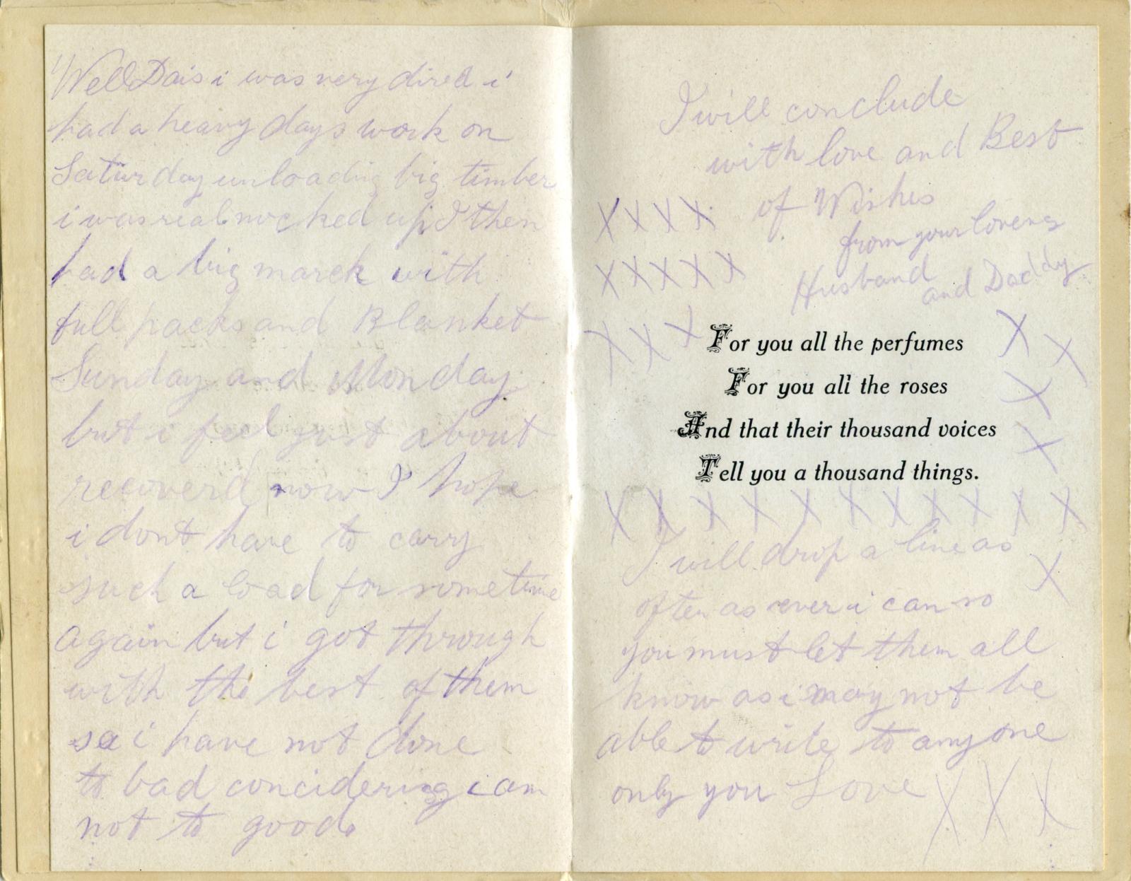 Centre pages of WWI silk postcard sent to wife from Daddy July 4 1916