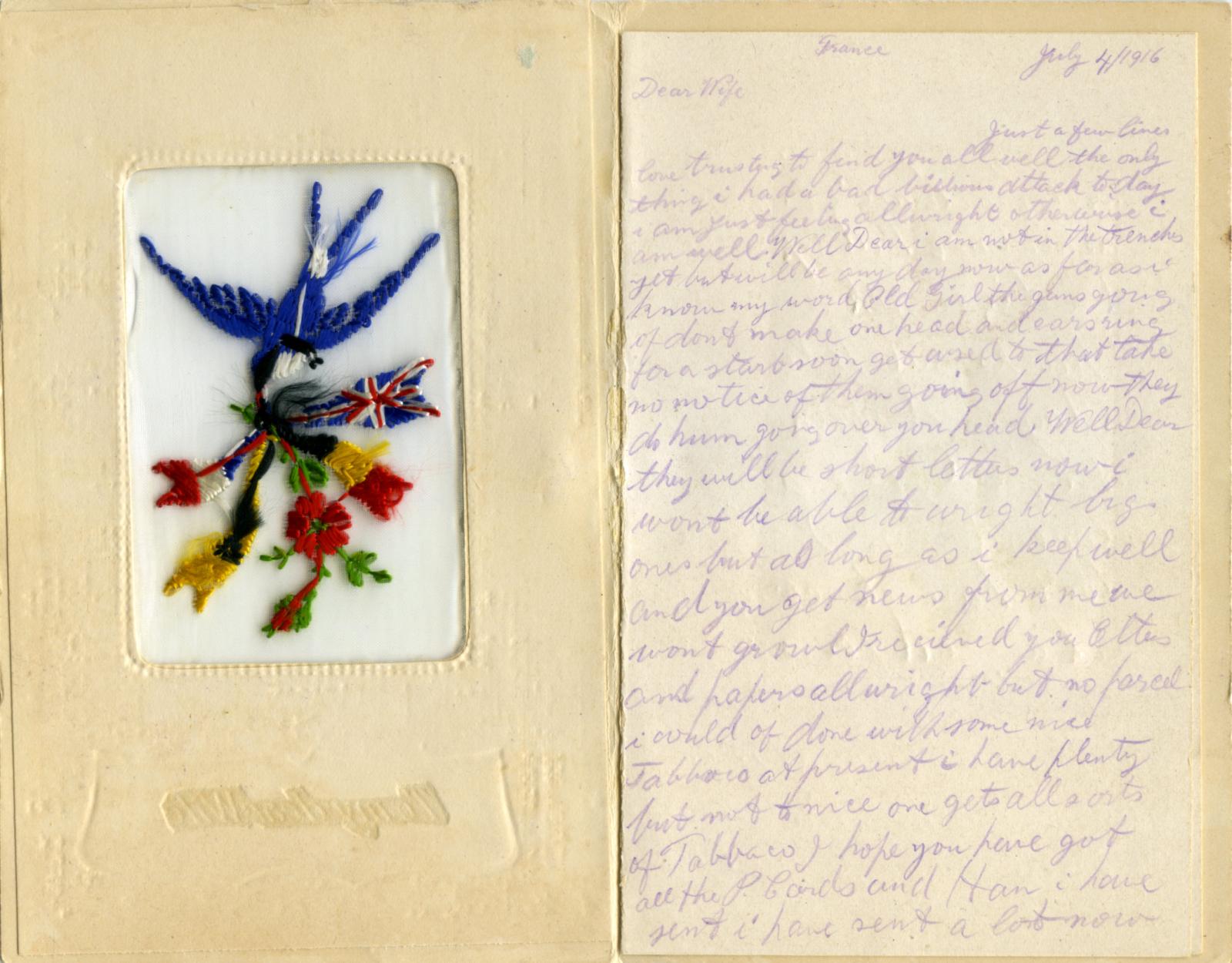 First page of WWI silk postcard sent to wife from Daddy July 4 1916